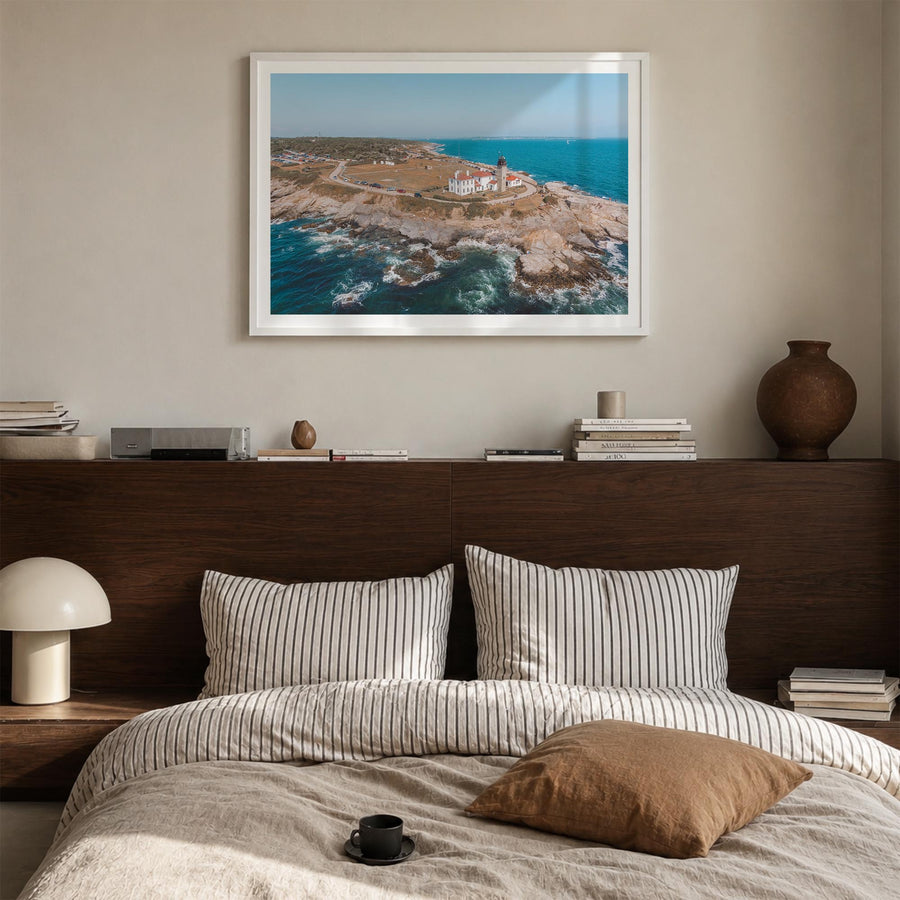 Narragansett colorful photo poster of Rhode Island, USA – horizontal wall art in white wood frame with white border, hanging 
