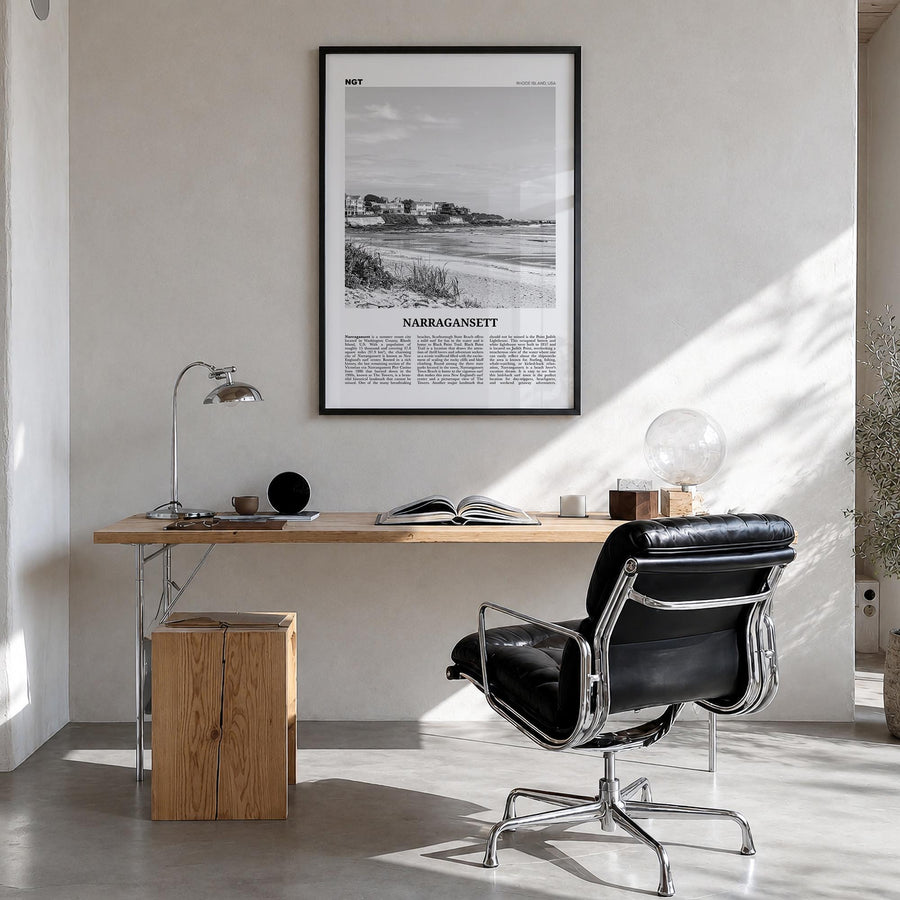 Narragansett no. 1 black & white newspaper poster of Rhode Island, USA – vertical wall art in black wood frame, hanging on wa
