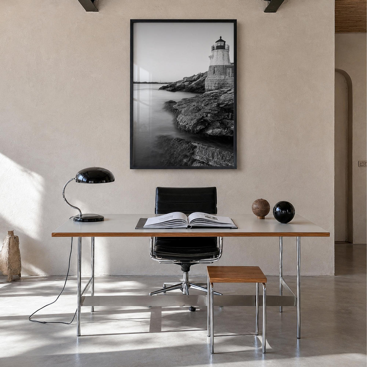 Narragansett no. 1 black & white photo poster of Rhode Island, USA – vertical wall art in black wood frame, hanging on wall
