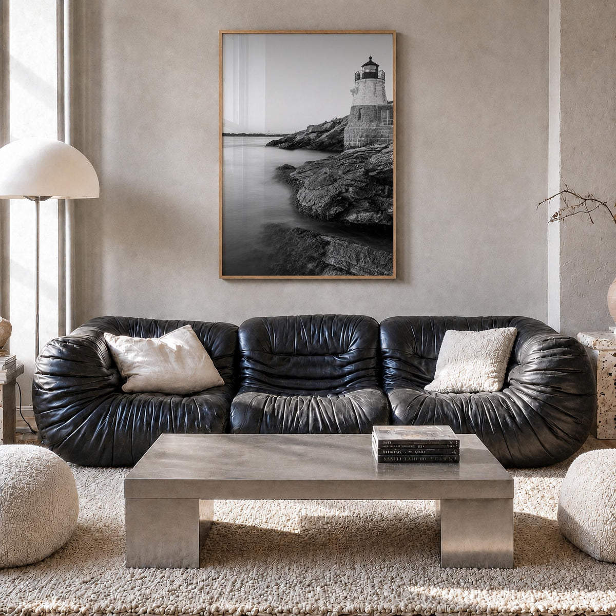Narragansett no. 1 black & white photo poster of Rhode Island, USA – vertical wall art in natural wood frame, hanging on wall
