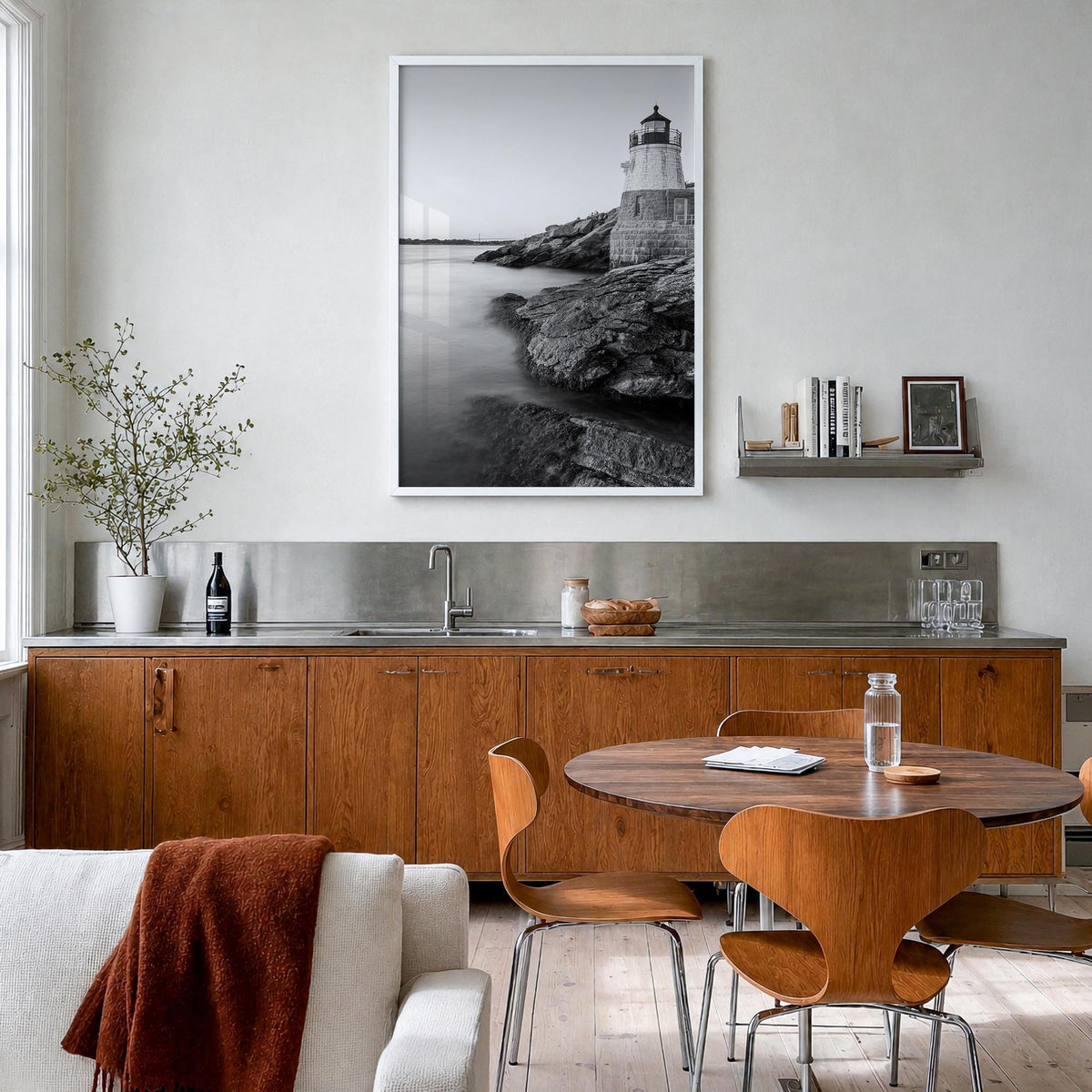 Narragansett no. 1 black & white photo poster of Rhode Island, USA – vertical wall art in white wood frame, hanging on wall