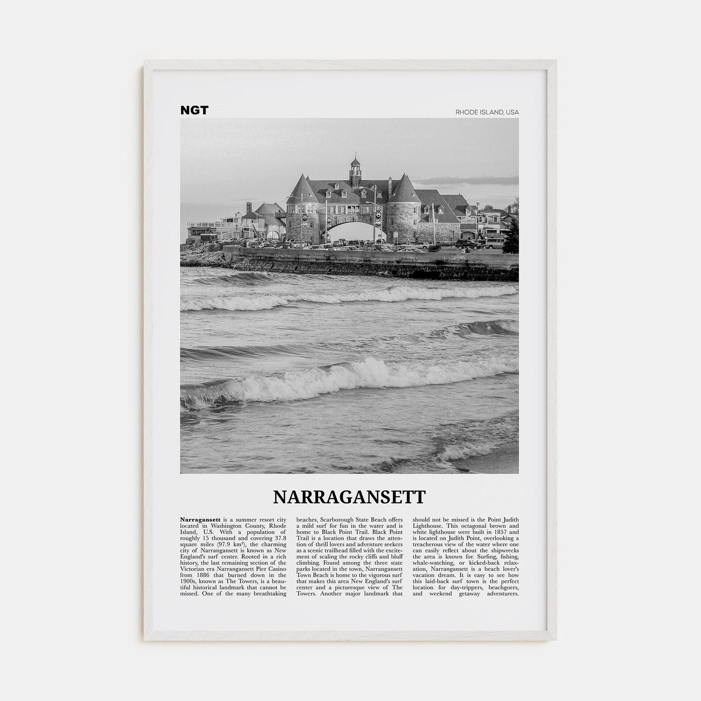 Narragansett No 2 Poster White Wood / 8x12 in Nbourhood Travel B&W Poster