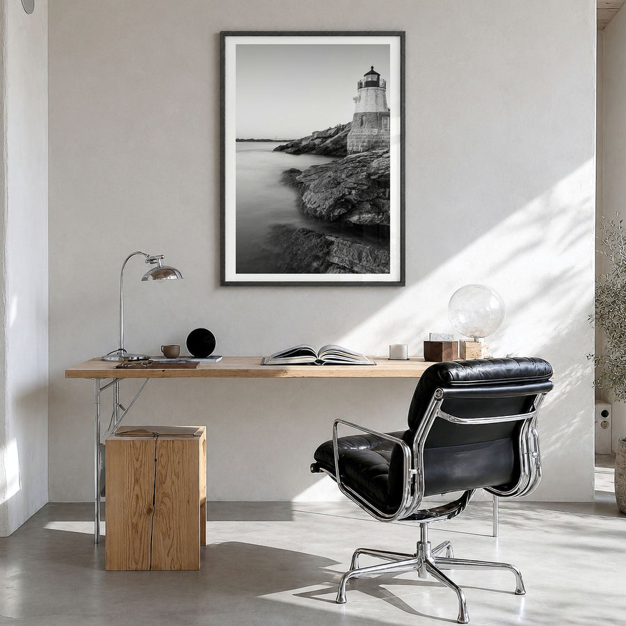Narragansett Photo No 1 Poster in a black wood frame, hanging in a bright home office, white border