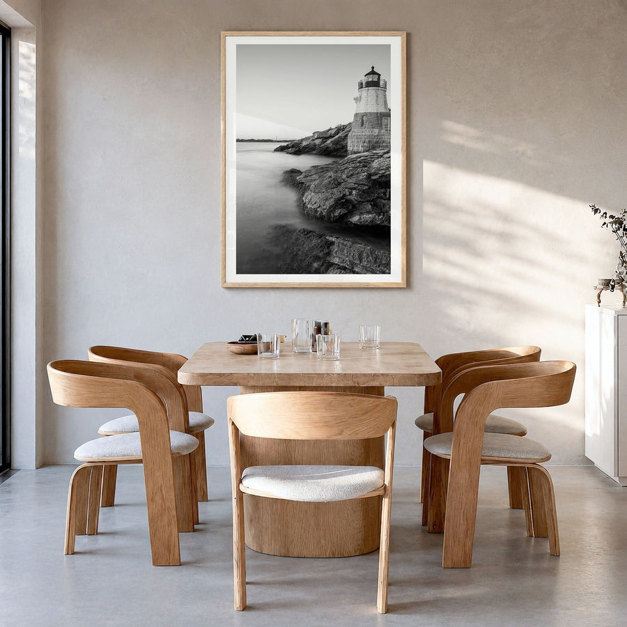 Narragansett Photo No 1 Poster in a natural wood frame, hanging in a dining room, white border