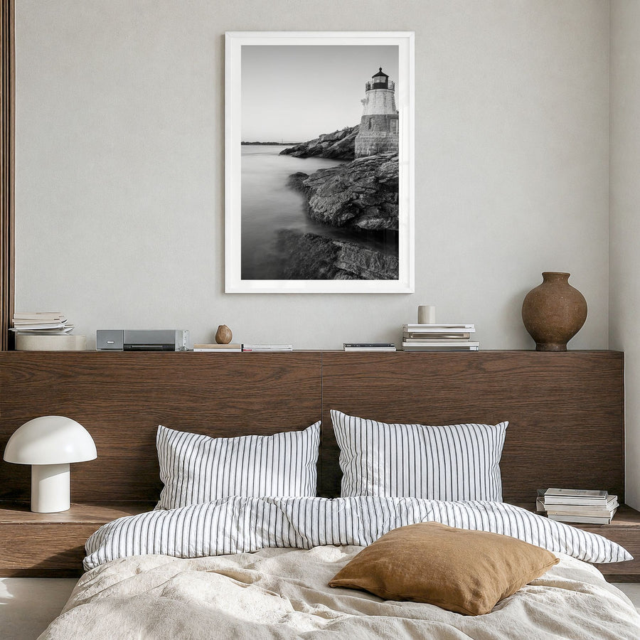 Narragansett Photo No 1 Poster in a white wood frame, hanging in a bedroom, white border