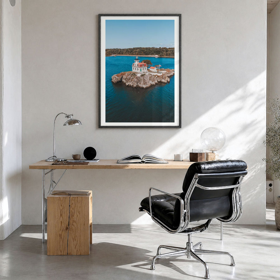Narragansett Photo No 1 Poster in a black wood frame, hanging in a bright home office, white border