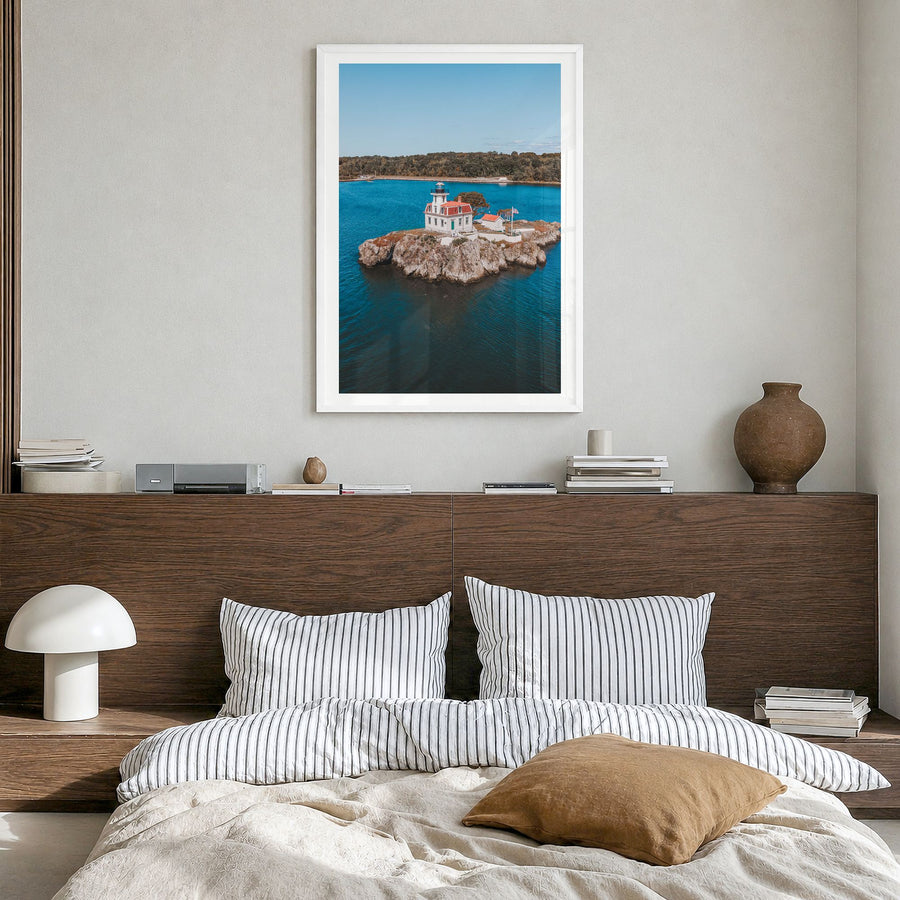 Narragansett Photo No 1 Poster in a white wood frame, hanging in a bedroom, white border