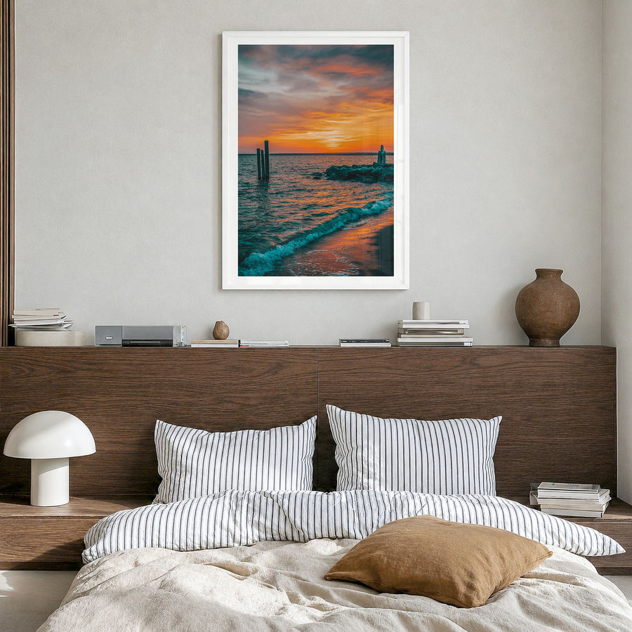 Narragansett Photo No 2 Poster in a white wood frame, hanging in a bedroom, white border