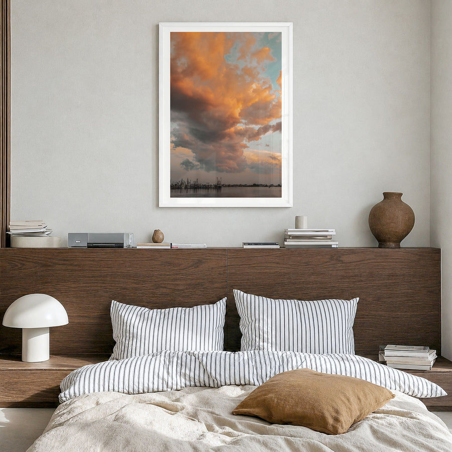 Narragansett Photo No 3 Poster in a white wood frame, hanging in a bedroom, white border