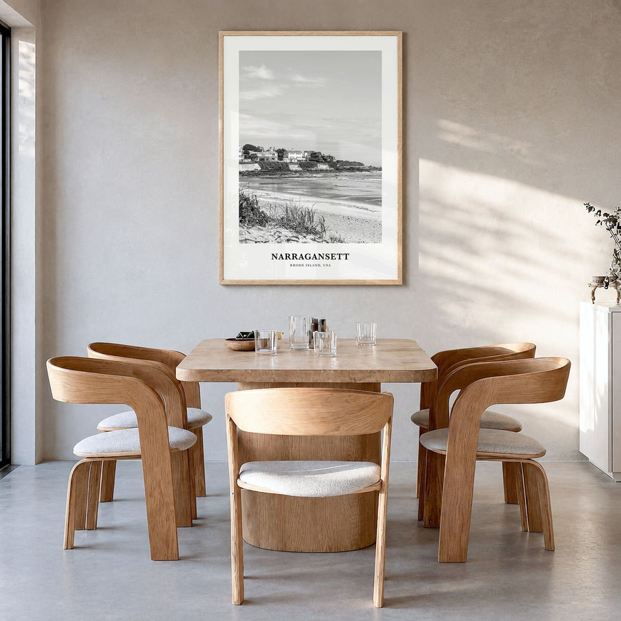 Narragansett Classic No 1 Poster in a natural wood frame, hanging in a dining room