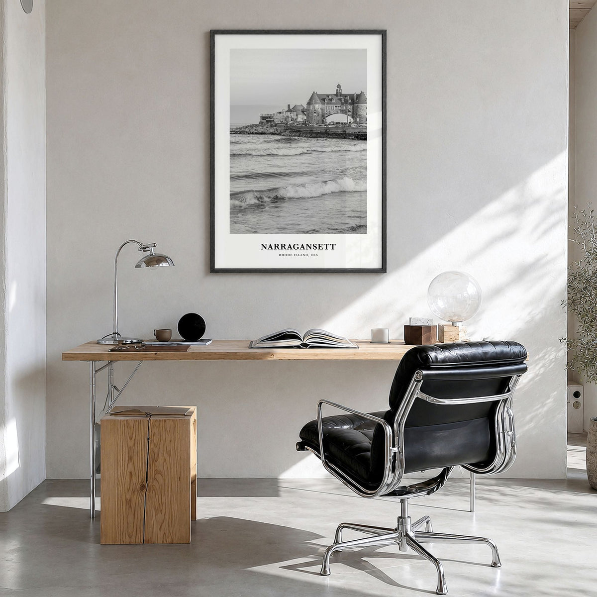 Narragansett Classic No 2 Poster in a black wood frame, hanging in a bright home office