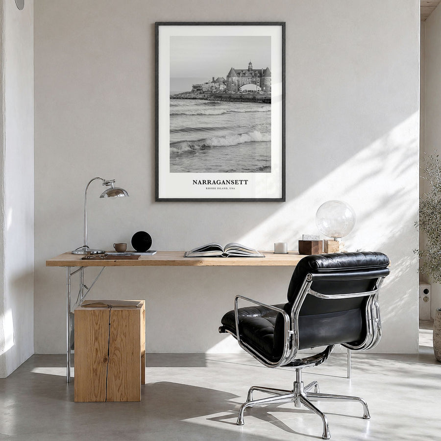 Narragansett Classic No 2 Poster in a black wood frame, hanging in a bright home office