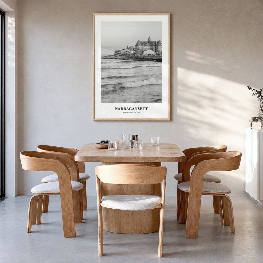Narragansett Classic No 2 Poster in a natural wood frame, hanging in a dining room