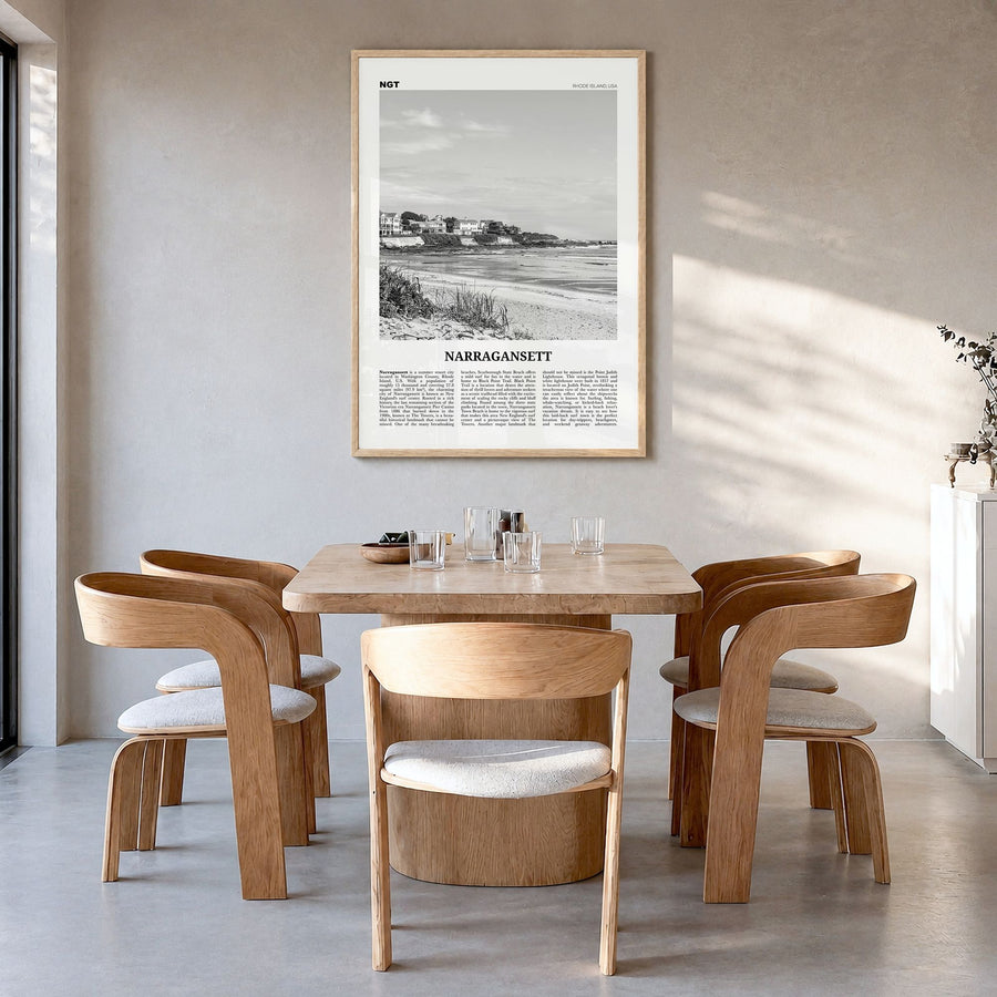 Narragansett Newspaper No 1 Poster in a natural wood frame, hanging in a dining room