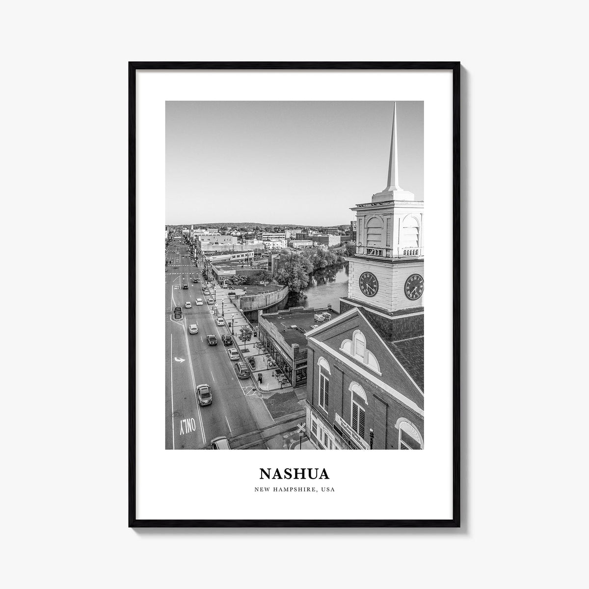 Nashua black & white classic poster of New Hampshire, USA – vertical wall art, unframed print shown in interior mockup