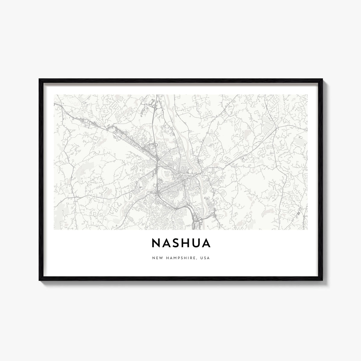 Nashua black & white map poster of New Hampshire, USA – horizontal wall art, unframed print shown in interior mockup