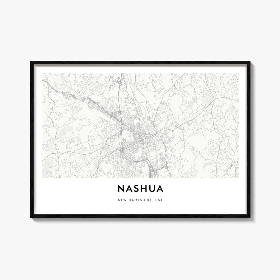 Nashua black & white map poster of New Hampshire, USA – horizontal wall art, unframed print shown in interior mockup