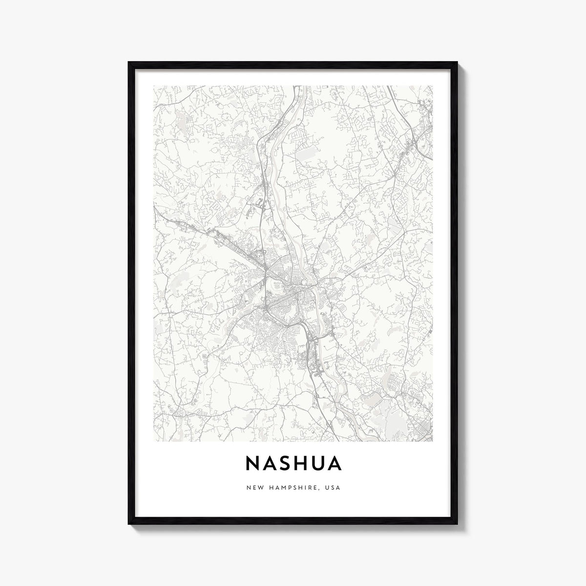 Nashua black & white map poster of New Hampshire, USA – vertical wall art, unframed print shown in interior mockup