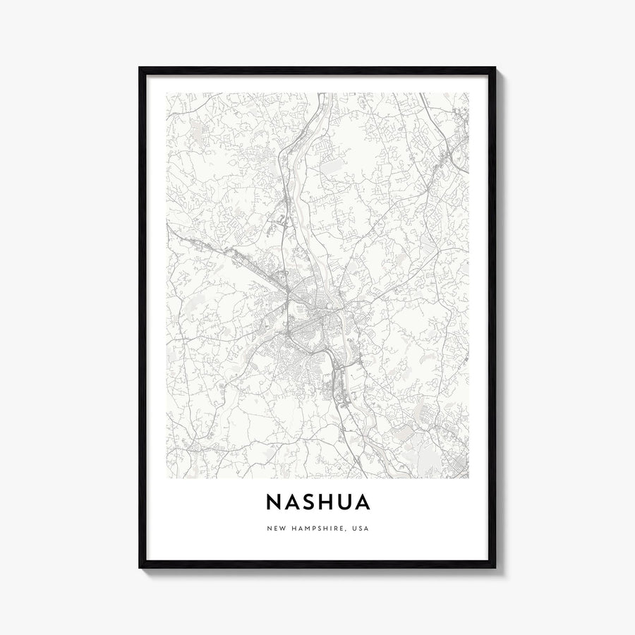 Nashua black & white map poster of New Hampshire, USA – vertical wall art, unframed print shown in interior mockup