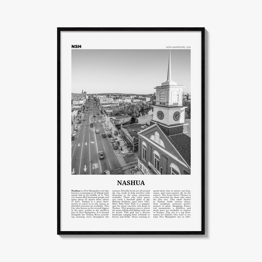 Nashua black & white newspaper poster of New Hampshire, USA – vertical wall art, unframed print shown in interior mockup