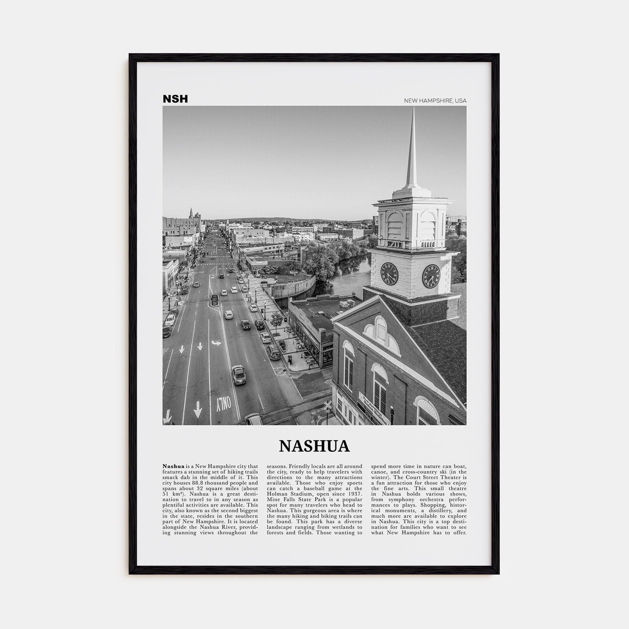 Nashua Poster Black Wood / 8x12 in Nbourhood Travel B&W Poster