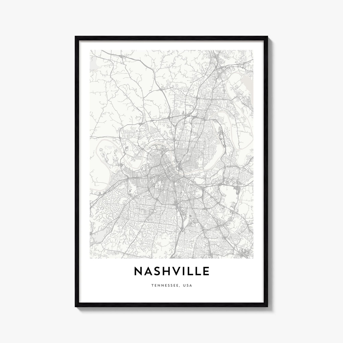 Nashville black & white map poster of Tennessee, USA – vertical wall art, unframed print shown in interior mockup