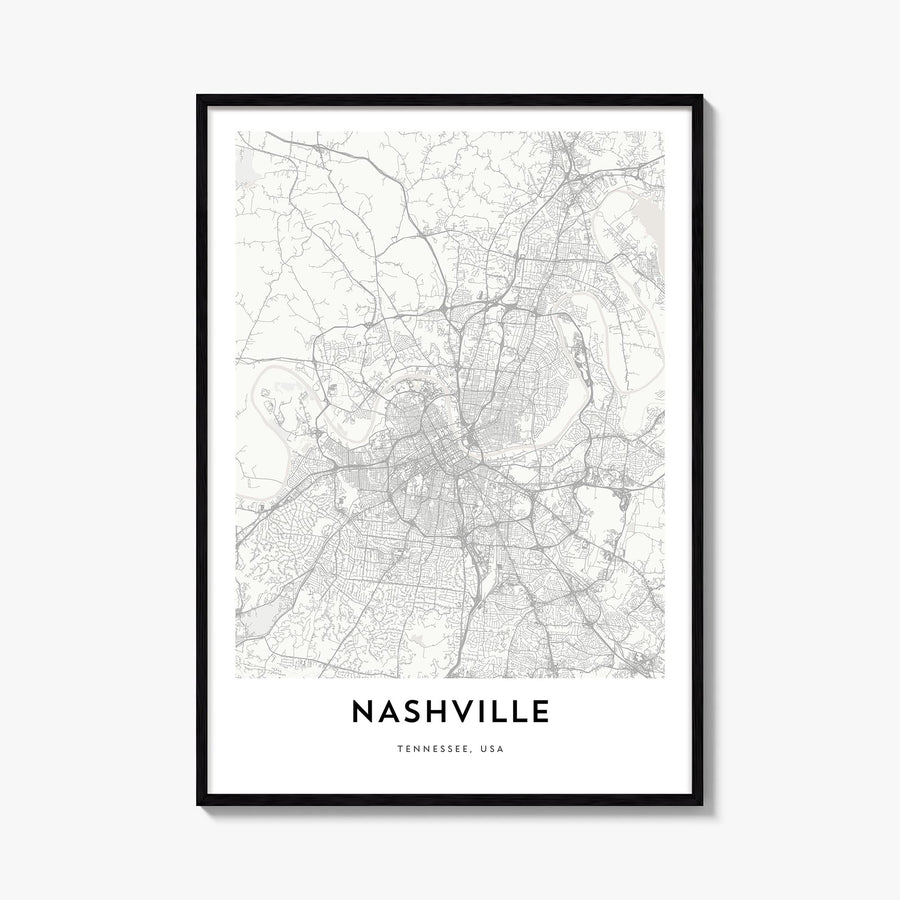 Nashville black & white map poster of Tennessee, USA – vertical wall art, unframed print shown in interior mockup