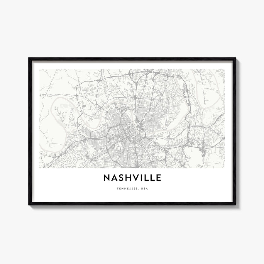 Nashville black & white map poster of Tennessee, USA – horizontal wall art, unframed print shown in interior mockup