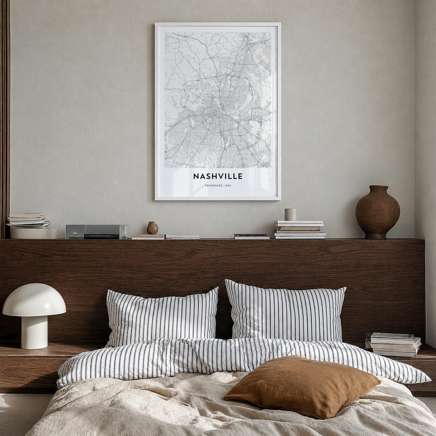 Nashville black & white map poster of Tennessee, USA – vertical wall art in white wood frame, hanging on wall