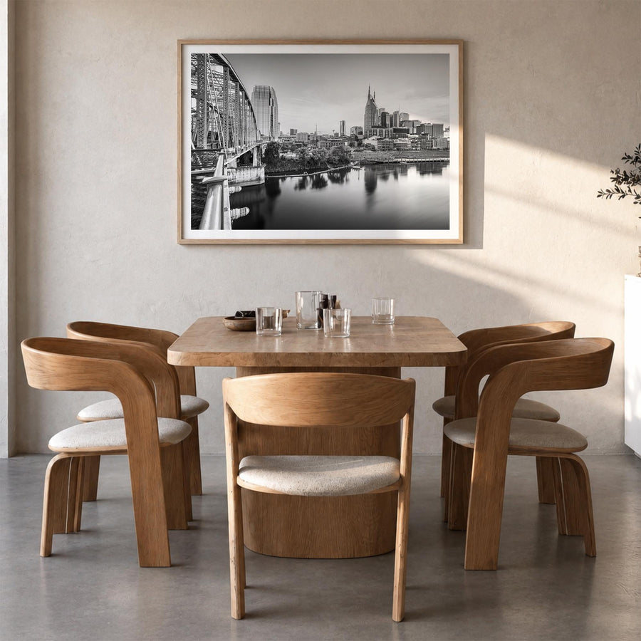 Nashville black & white photo poster of Tennessee, USA – horizontal wall art in natural wood frame with white border, hanging