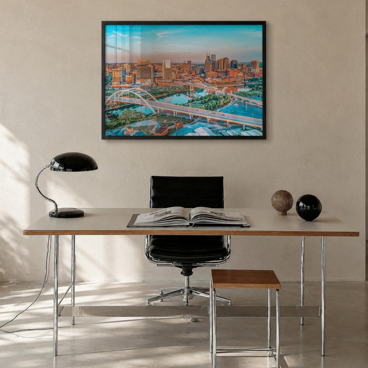 Nashville colorful photo poster of Tennessee, USA – horizontal wall art in black wood frame, hanging on wall