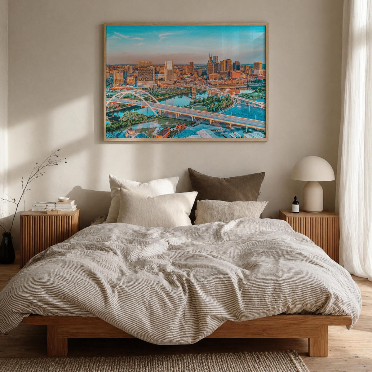 Nashville colorful photo poster of Tennessee, USA – horizontal wall art in natural wood frame, hanging on wall