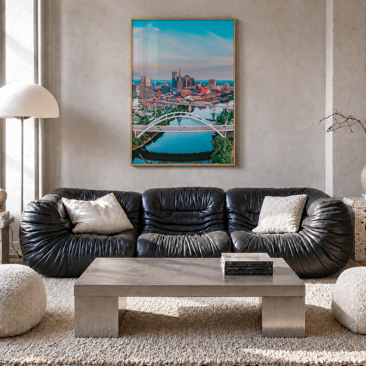 Nashville colorful photo poster of Tennessee, USA – vertical wall art in natural wood frame, hanging on wall