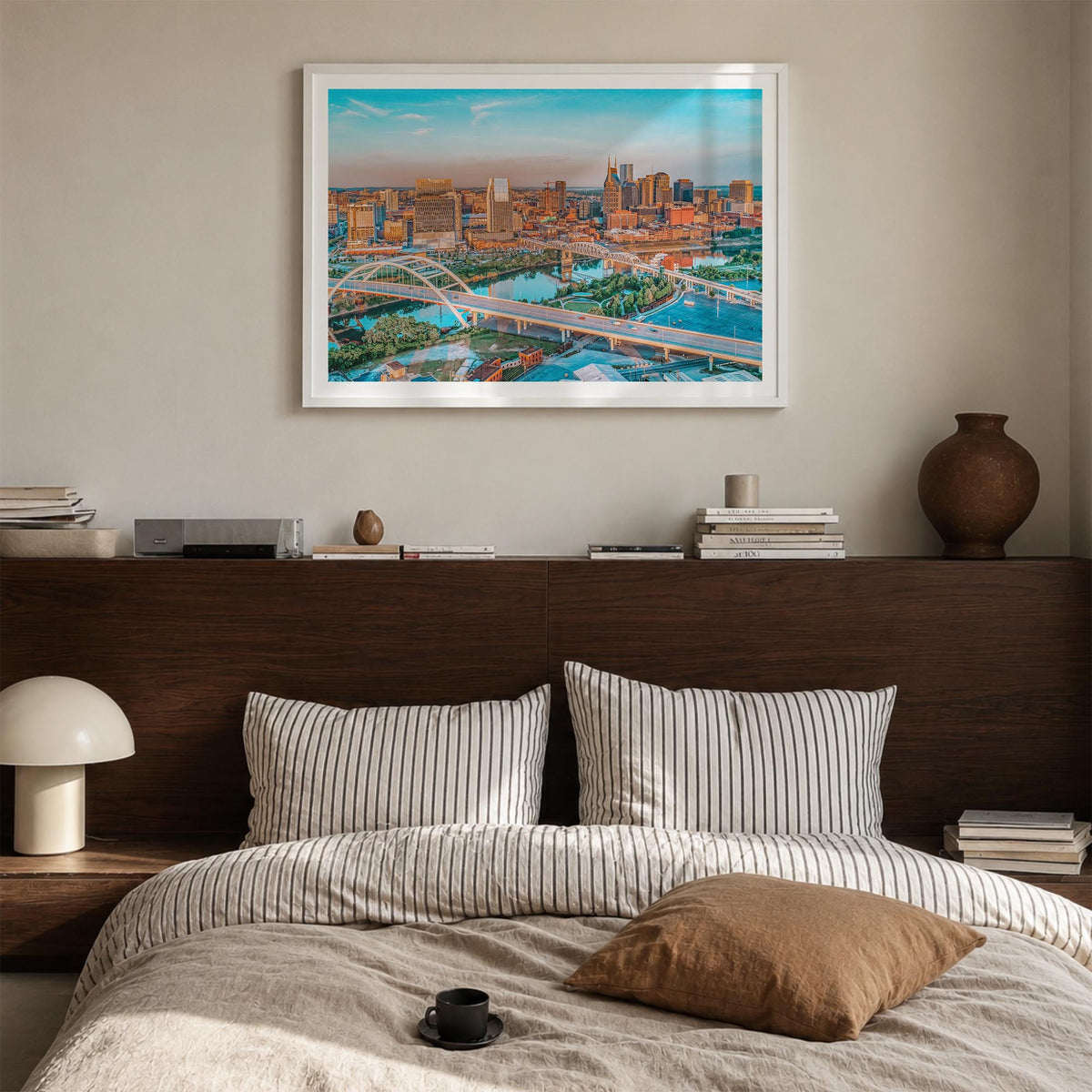 Nashville colorful photo poster of Tennessee, USA – horizontal wall art in white wood frame with white border, hanging on wal