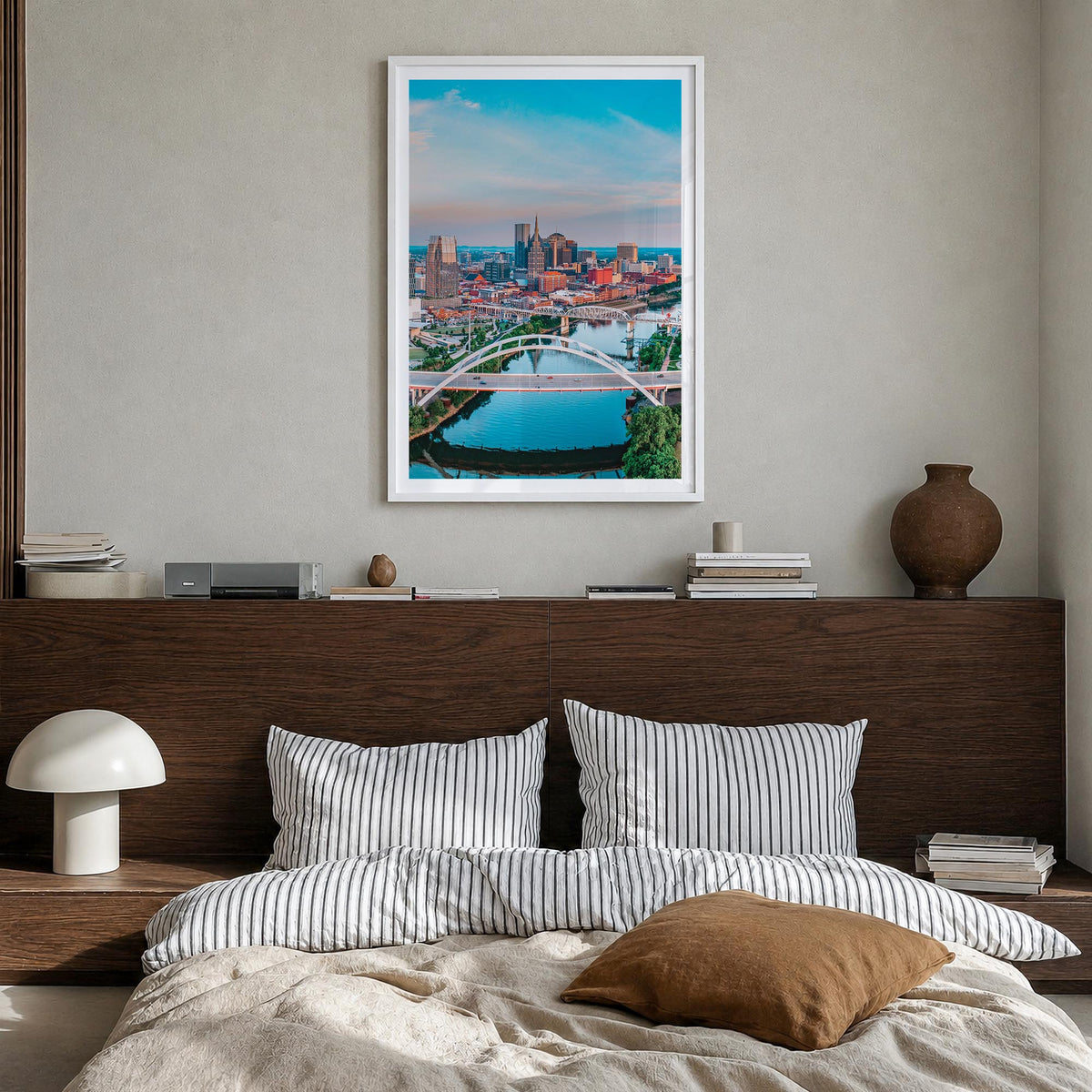 Nashville colorful photo poster of Tennessee, USA – vertical wall art in white wood frame with white border, hanging on wall