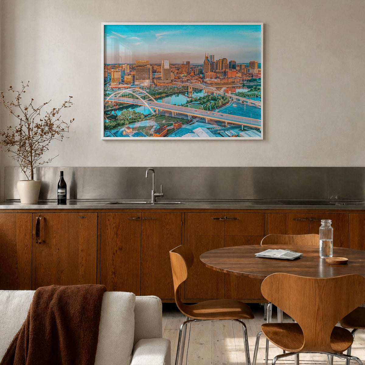 Nashville colorful photo poster of Tennessee, USA – horizontal wall art in white wood frame, hanging on wall