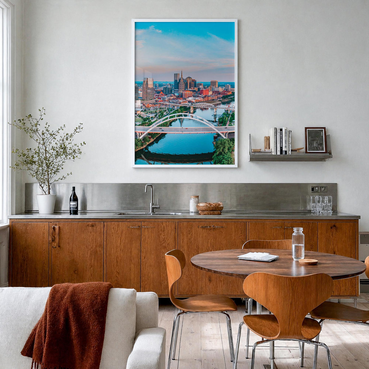 Nashville colorful photo poster of Tennessee, USA – vertical wall art in white wood frame, hanging on wall