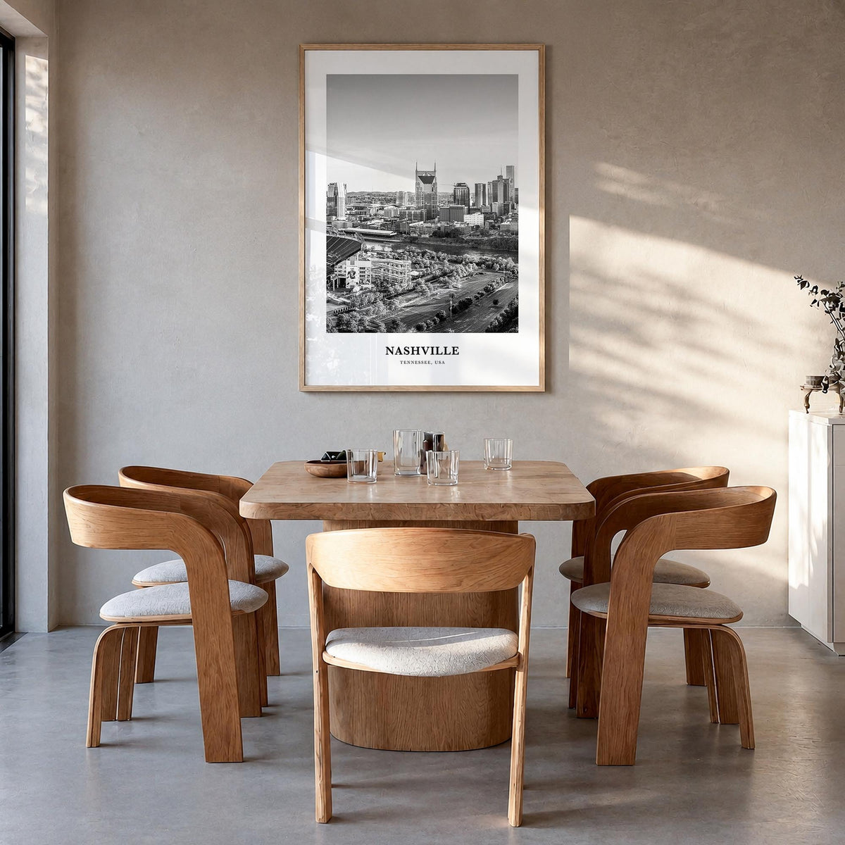 Nashville no. 2 black & white classic poster of Tennessee, USA – vertical wall art in natural wood frame, hanging on wall