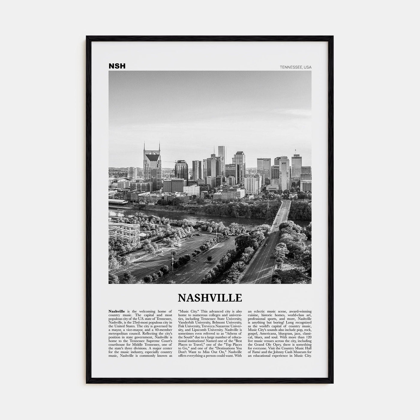 Nashville No 2 Poster Black Wood / 8x12 in Nbourhood Travel B&W Poster