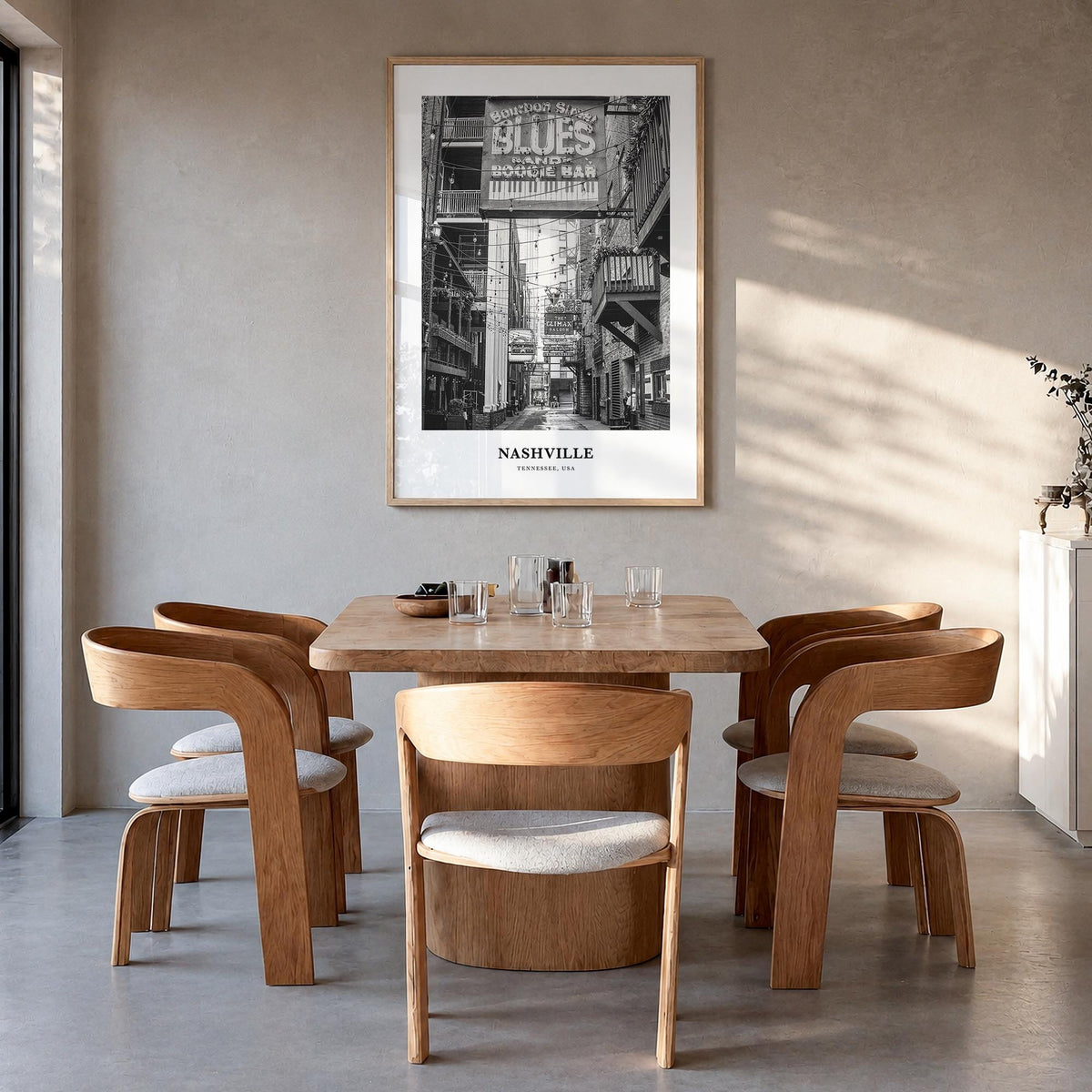 Nashville no. 3 black & white classic poster of Tennessee, USA – vertical wall art in natural wood frame, hanging on wall