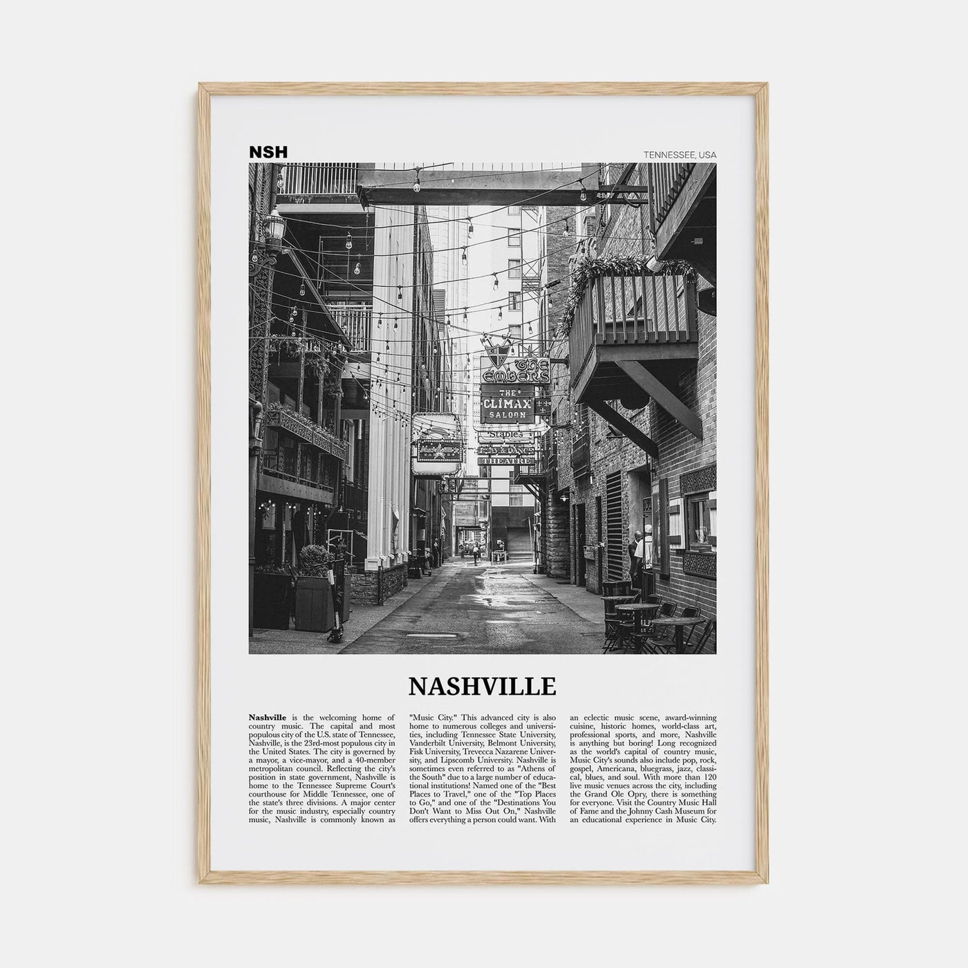 Nashville No 3 Poster Natural Wood / 8x12 in Nbourhood Travel B&W Poster