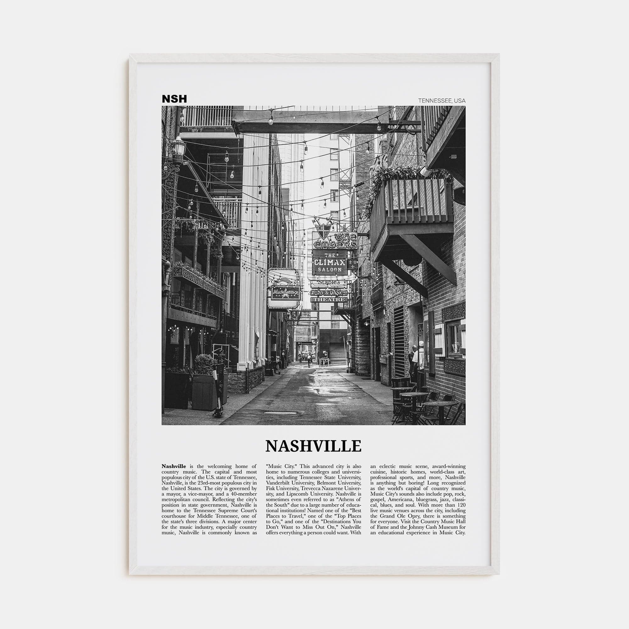 Nashville No 3 Poster White Wood / 8x12 in Nbourhood Travel B&W Poster