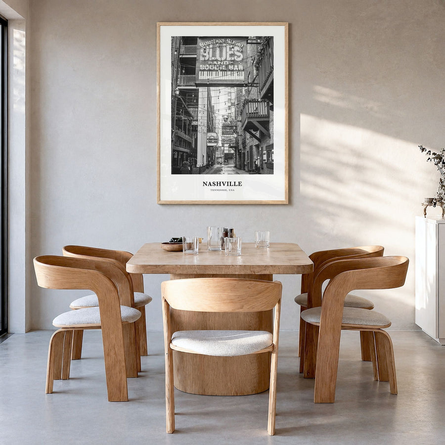 Nashville Classic No 3 Poster in a natural wood frame, hanging in a dining room