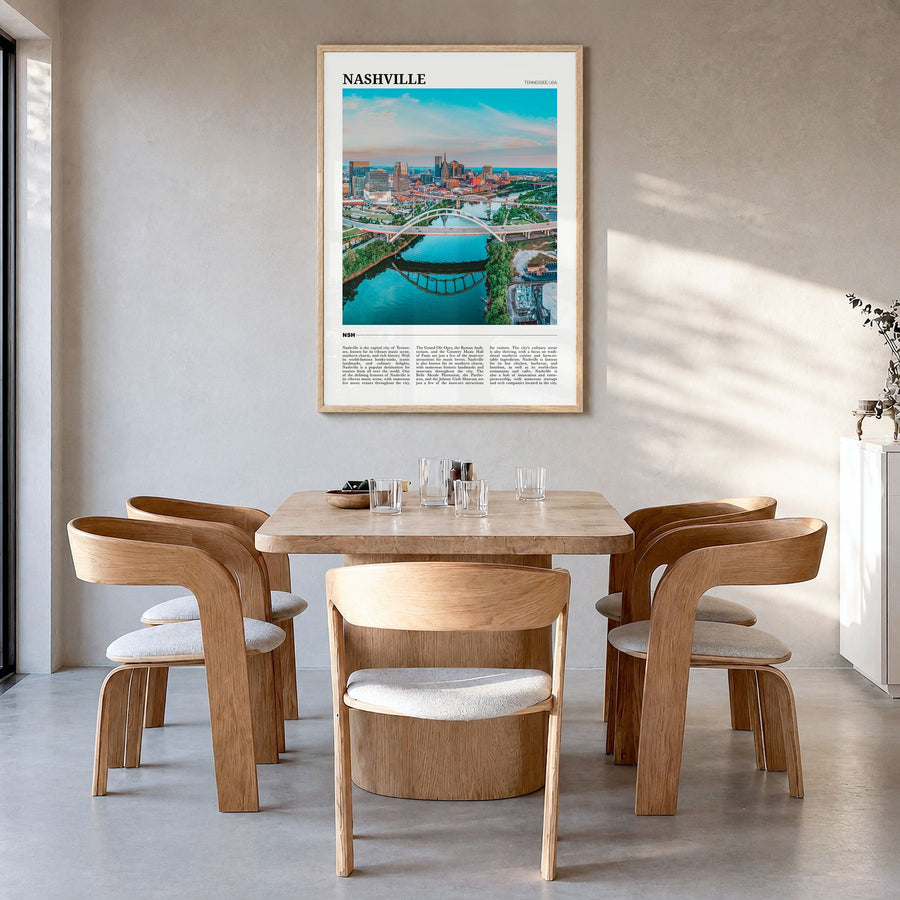 Nashville Travel Poster in a natural wood frame, hanging in a dining room