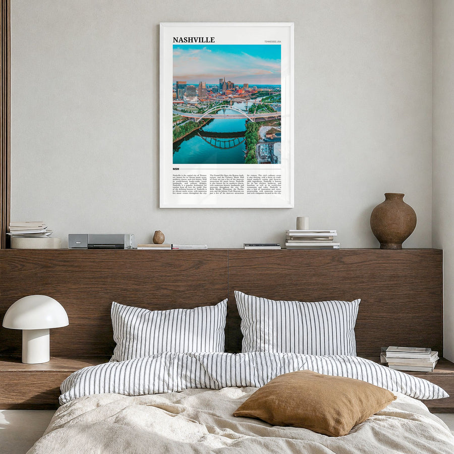 Nashville Travel Poster in a white wood frame, hanging in a bedroom