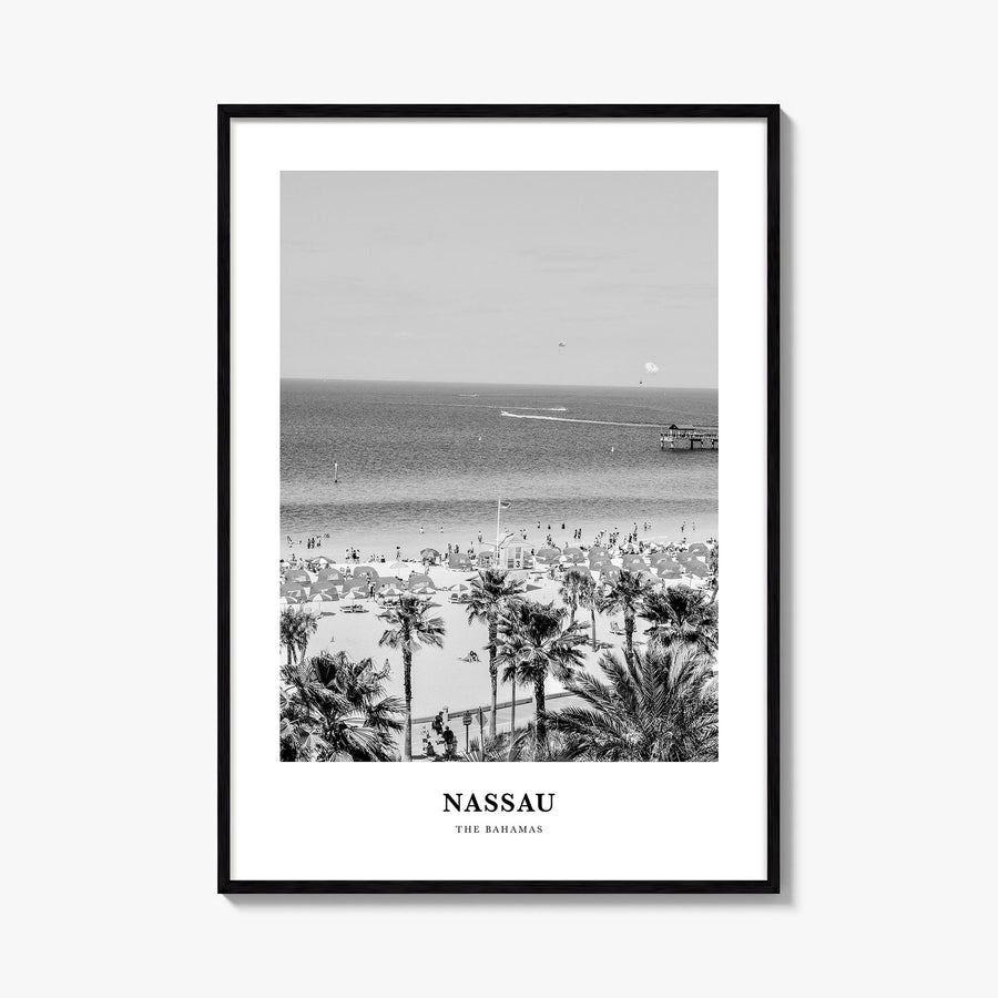 Nassau black & white classic poster of The Bahamas – vertical wall art, unframed print shown in interior mockup