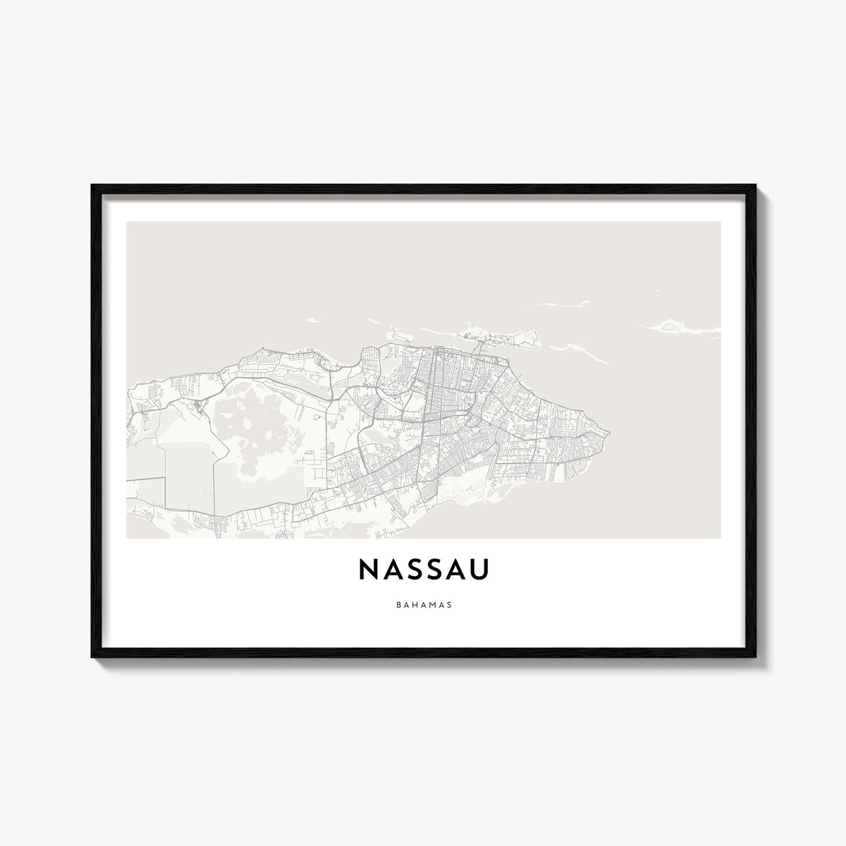 Nassau black & white map poster of The Bahamas – horizontal wall art, unframed print shown in interior mockup