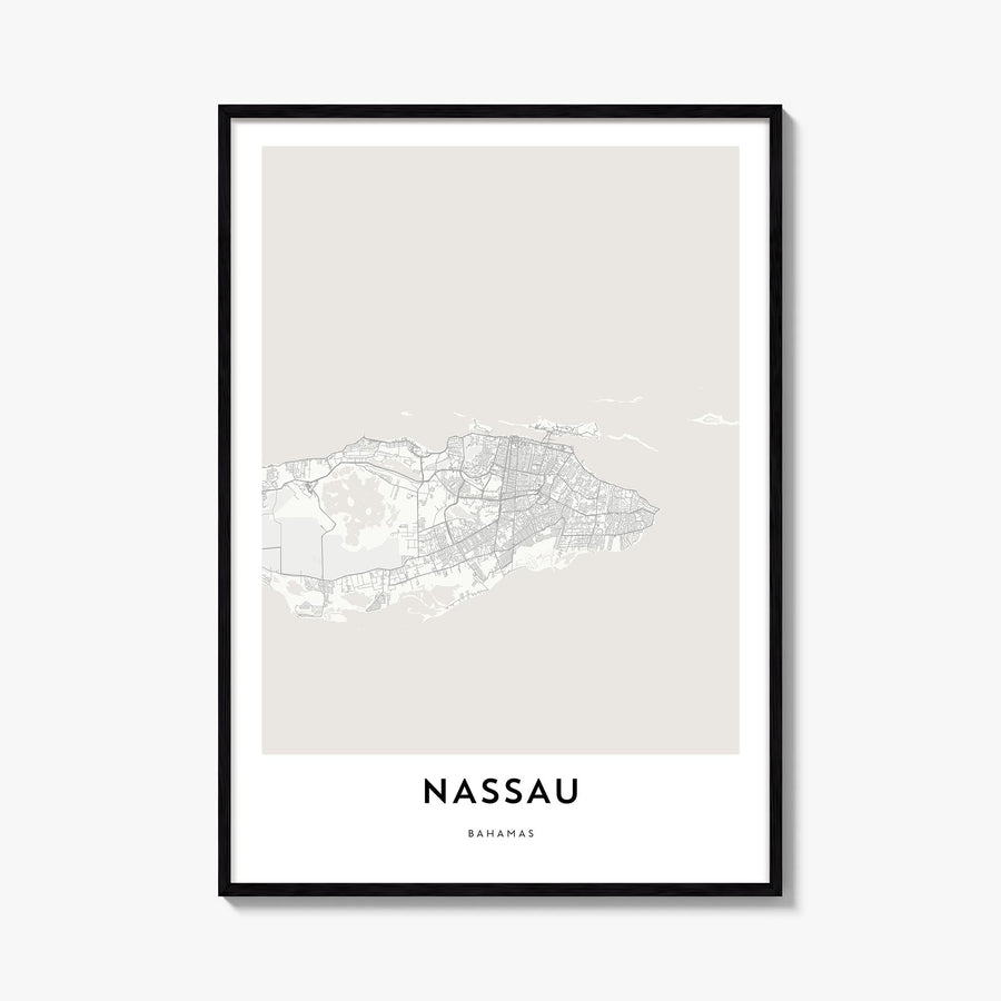 Nassau black & white map poster of The Bahamas – vertical wall art, unframed print shown in interior mockup