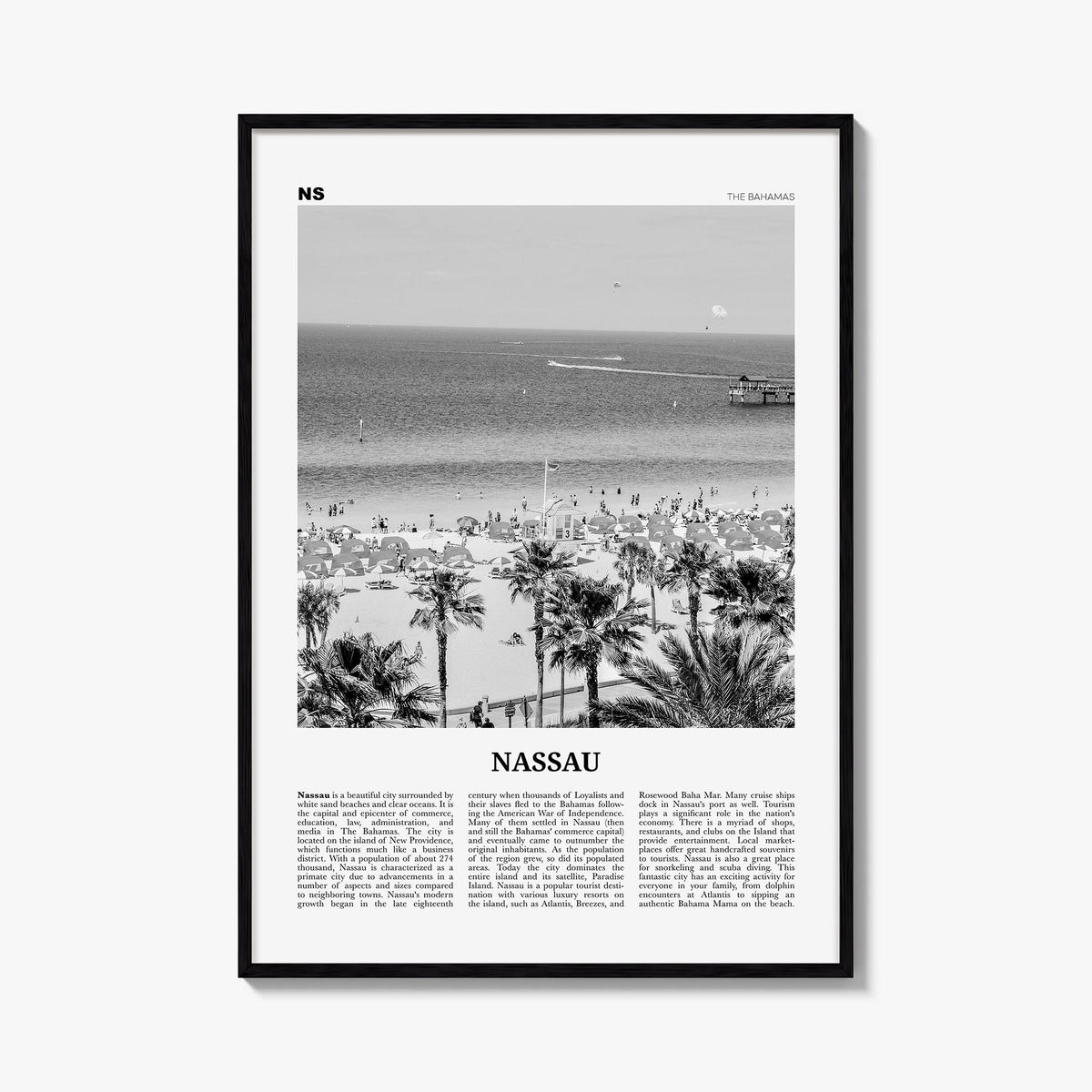 Nassau black & white newspaper poster of The Bahamas – vertical wall art, unframed print shown in interior mockup