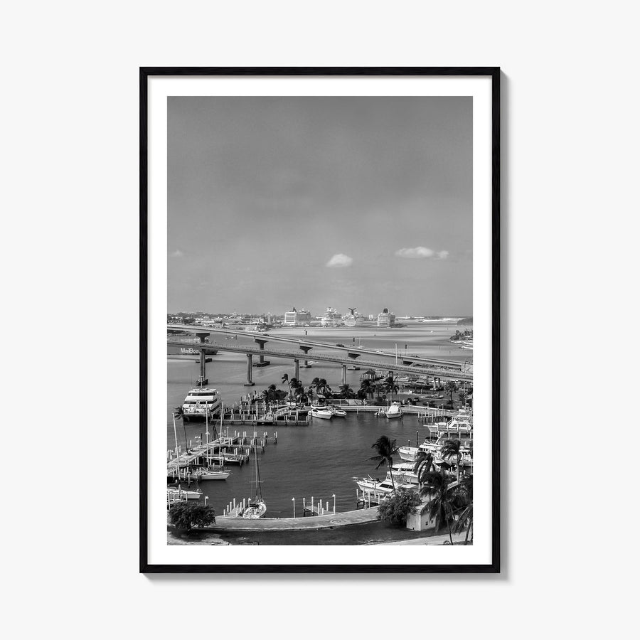 Nassau black & white photo poster of The Bahamas – vertical wall art, unframed print shown in interior mockup